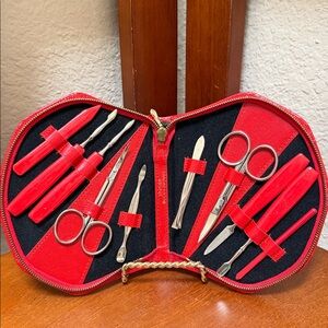 🔹Vintage 10pc Western Germany Red Leather Travel Manicure Grooming Kit 1940s/50s